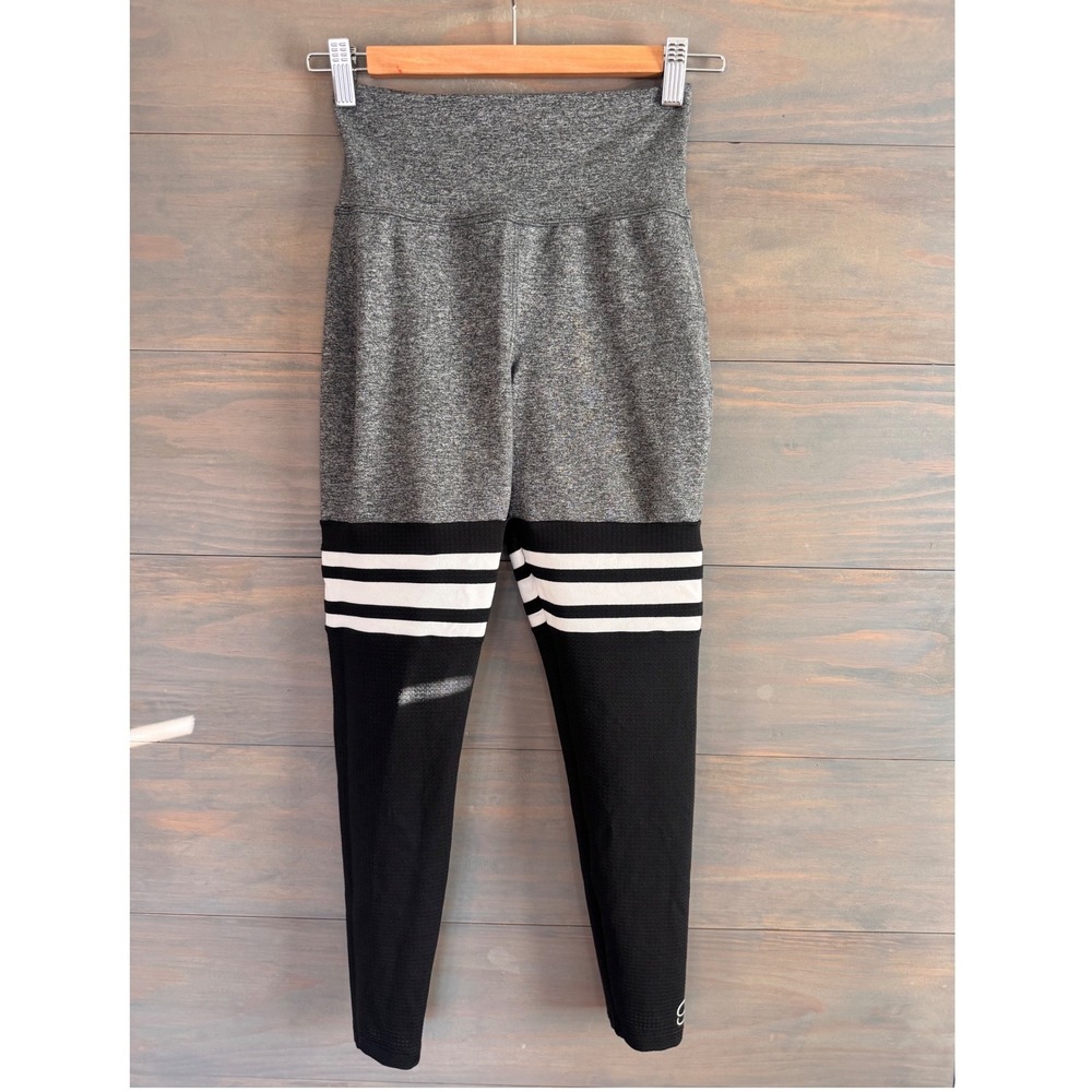 Bombshell Sportswear High Waisted Varsity Stripes Leggings Grey Black Medium